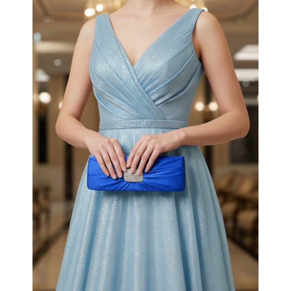 Evening Bag - Satin w/ Rhinestone Square Charm - Blue - BG-92024BL
